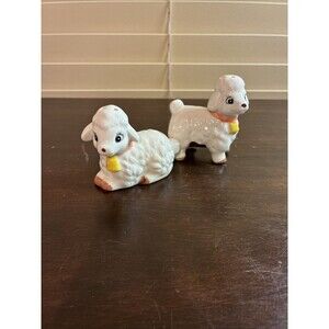 Lefton Lamb Salt And Pepper Shakers Red Collars Yellow Bells Sheep Farm Easter
